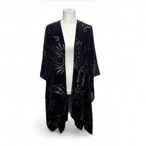 Do Everything In Love Velvet Kimono Wrap Black Iridescent Sheer Floral Motif